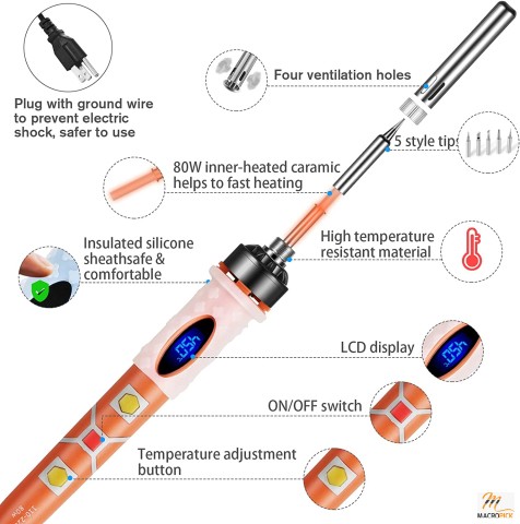 Digital Soldering Iron Kit with Tweezers,Desoldering Pump,Stand,5 Pcs Tips and Leather Storage Bag for Electronics Repairing